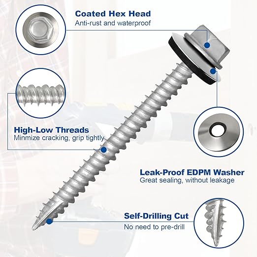 FMhotu Metal Roofing Screws #10×2Inch, 500-PCS, Hex Head Rustpert Coating Sheet Metal to Wood Siding Screw with EPDM Rubber Washer, Sharp Point, Hex Socket Included
