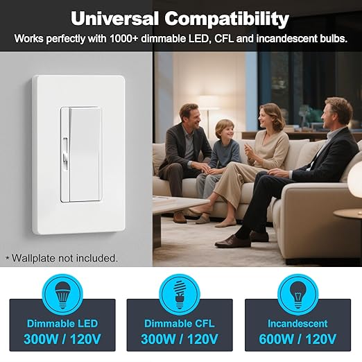 BESTTEN 3 Pack Slide Dimmer Light Switch, Quiet Rocker, Super Slim Single Pole or 3 Way Dimmable Switch, Max 300W LED, CFL, 600W Incandescent, ETL Listed, White