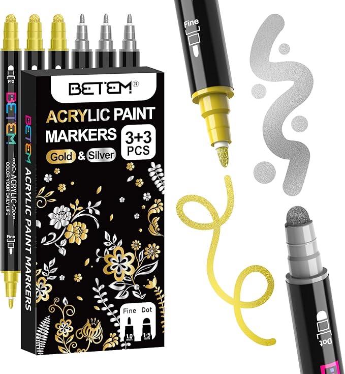 Betem 6 Gold&Silver Dual Tip Acrylic Paint Markers, Fabric Decorating Kits Premium Water-Based Acrylic Paint Pens Art Supplies for Fabric, Rock, Wood, Glass, Canvas, Ceramic, Teacher Appreciation Gift