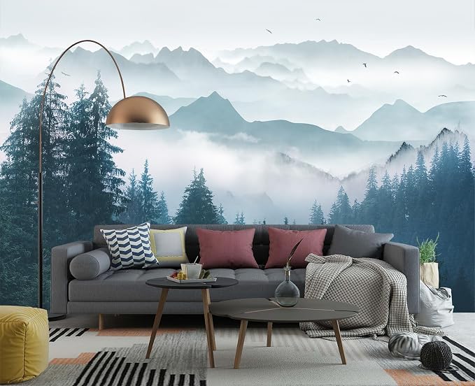 YIHWM-Peel and Stick Foggy Forest Wallpaper Misty Pine Scenery Tree Mural | Tear-resistant,with a substantial feel;Will not be damaged during repositioning.Bathroom,Bedroom wallpaper.S-80"x58"