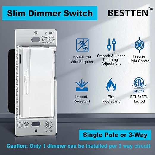 BESTTEN Super Slim Dimmer Light Switch for 300W Dimmable LED/CFL Lights and 600W Incandescent/Halogen, Single Pole/3-Way LED Slide Dimmer, ETL Listed