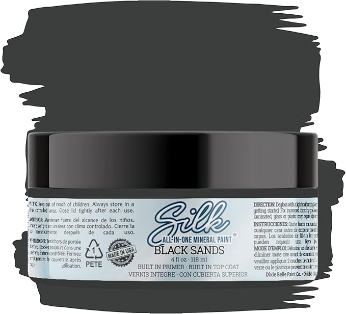 Dixie Belle Silk All-in-One Mineral Paint - Black Sands (4oz) - Gray Black Water Based Built-In Primer + Topcoat for Wood + Metal - Durable Furniture Paint - Low Reflective Finish