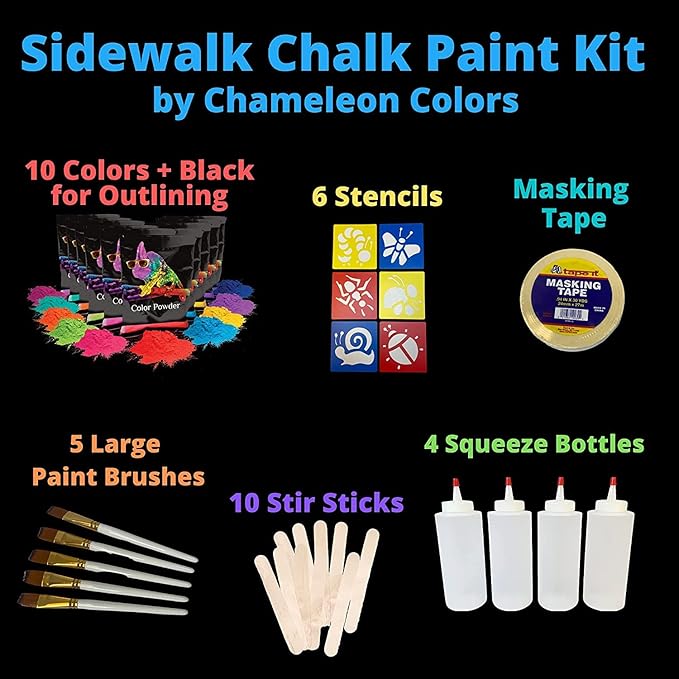 Chameleon Colors Ultimate Sidewalk Chalk Paint Kit, Fun, Washable Art Supplies, 11 Colorful Chalk Powders, 4 Squeeze Bottles, 5 Brushes, 10 Stir Sticks, 6 Stencils & 1 Roll of Masking Tape