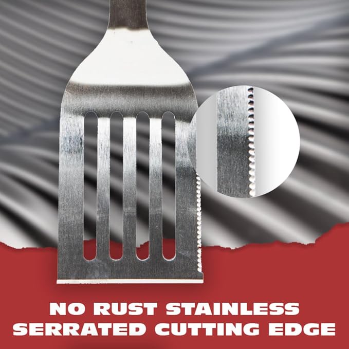 Pro BBQ Metal Spatula - 17" Barbecue Spatula Stainless Steel with Serrated Knife Edge - Acacia Wood Handle - Heavy Duty Built to Last