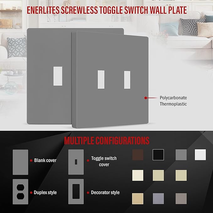 ENERLITES Screwless Double Toggle Switch Wall Plate, Child Safe Dual Light Switch Cover, Standard Size 2-Gang 4.68" x 4.73", Unbreakable Polycarbonate Thermoplastic, UL Listed, SI8812-GY, Glossy, Gray