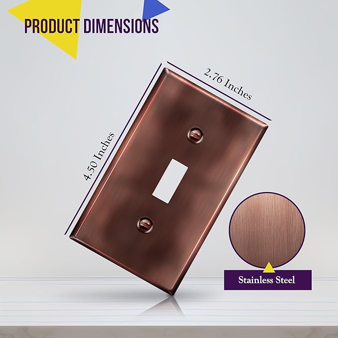 ENERLITES Toggle Light Switch Metal Wall Plate, Stainless Steel Switch Cover, Corrosion Resistant, Standard Size 1-Gang 4.50" x 2.76",Stainless Steel 201, 7711-AC, Antique Copper