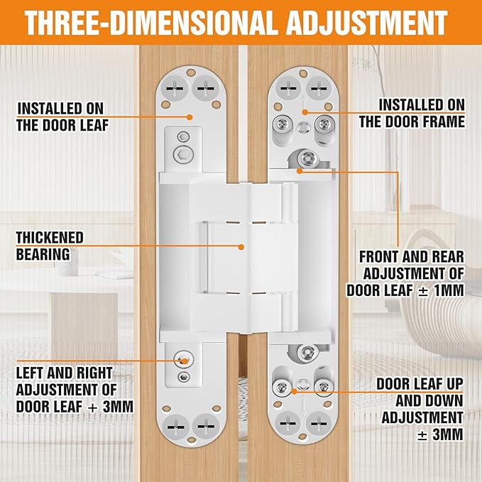 6" Hidden Door Hinge/Concealed Hinges,Invisible Hinges,Invisible Door Silent 180 Degree Swing Hinge 3-Way Adjustable Butt 6 x 2.5 x 1inch (White, 6 inches)