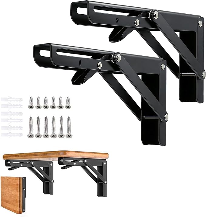 Folding Shelf Brackets - 8 inch 2 Pcs Heavy Duty Metal Collapsible Shelf Bracket, DIY Wall Mounted Foldable Shelf Bracket, Space Saving for Bench Table