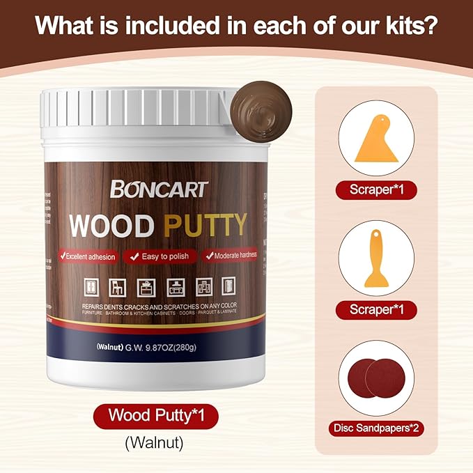 BONCART Walnut Wood Putty Filler - 9.87 Ounce Paintable Wood Filler for Furniture Repair, Quickly Repair Any Broken and Defective Wooden Furniture