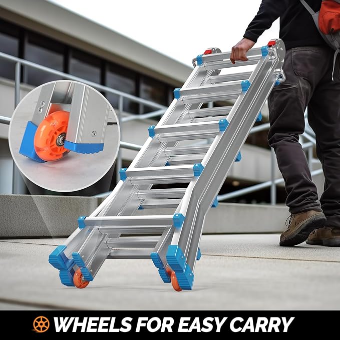 LUISLADDERS A Frame Step Ladder Telescoping Ladder, 19 ft Multi Position Folding Ladder with Flared Leg & Wheels Design, 330 lbs Capacity Extension Ladder for Household Outdoor Work, Aluminum, 19 FT