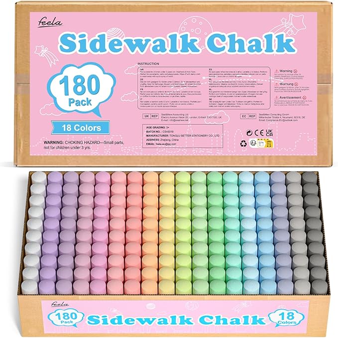 feela 180 Pack Sidewalk Chalk, Sidewalk Chalk Set For Kids Jumbo Chalk Bulk, Great for Kids Family, Paint on Sidewalk Wall School Driveway Blackboard Street Playground, 18 Colors