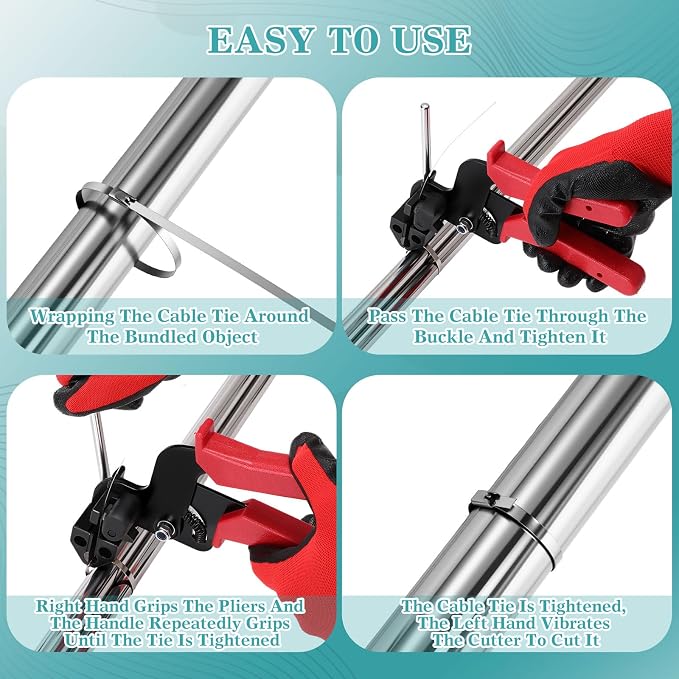 LEIFIDE Stainless Steel Cable Tie Gun Set 200 Pcs 11.8 Inch Heavy Duty Metal Zip Tie Adjustable Fastening Cutting Tool for Outdoor Exhaust Wrapping Fence Workshop(Silver, Red)