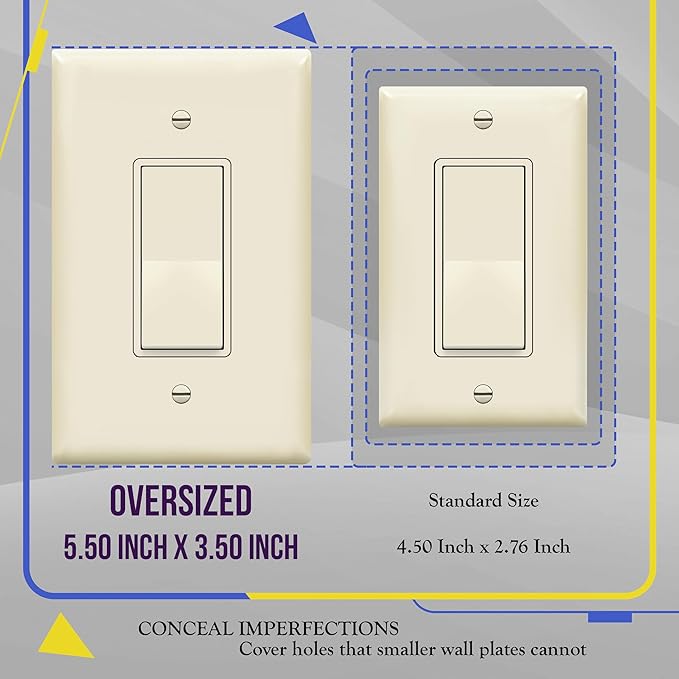 ENERLITES Decorator Light Switch or Receptacle Outlet Wall Plate, Gloss Finish, Oversized 1-Gang 5.5" x 3.5", Unbreakable Polycarbonate Thermoplastic, UL Listed, 8831O-LA-10PCS, Light Almond, 10 pack