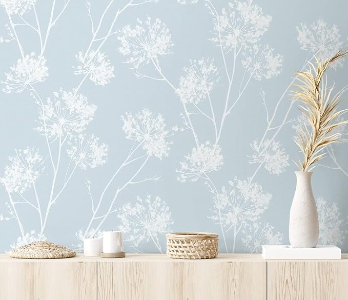 NextWall One O'Clocks Botanical Peel and Stick Wallpaper (Light Blue)