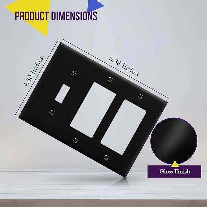 ENERLITES Combination Toggle Light Switch/Decorator Light Switch Plate, Three Gang Wall Plate, Standard Size 3-Gang 4.50" x 6.38", Polycarbonate Thermoplastic, 881132-BK, Black