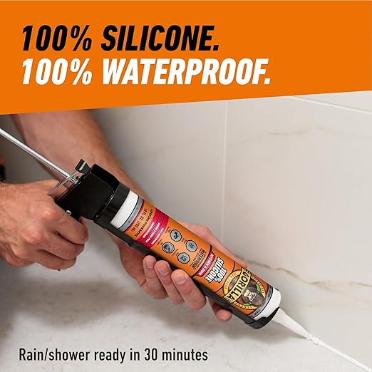 Gorilla 100% Silicone Caulk Kitchen & Bath Sealant, Mold Resistant, 10 oz. Cartridge, Clear