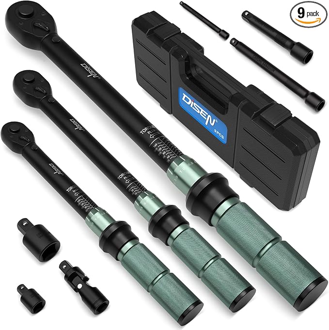 DISEN 9PC Click Torque Wrench Set 1/4" 3/8" 1/2" ±3% Accuracy Storage Box | 20-220 In.lb, 5-45 Ft.lb, 10-170 Ft.lb| 6 adapters | 72-tooth ratchet | Dual scale | For bike, car,motorcycle,truck repair