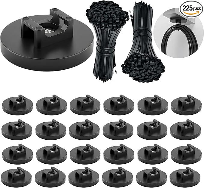 225-Pc Magnetic Cable Ties Set,Magnetic Zip Tie Mounts & Cable Ties | Magnetic Wire Holder, 25 Magnetic Cable Holders & 200 Zip Ties, Magnet Cable Tie Mounts for Cables, Wires, Cords, Hoses-43 mm