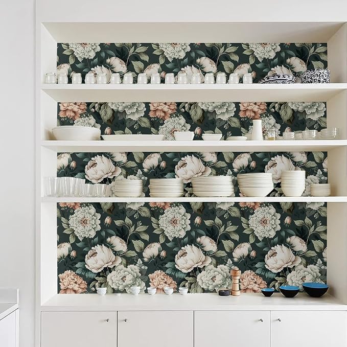 Dark Green White Peonies Vintage Floral Peel and Stick Wallpaper Wall Decor Self Adhesive Wall Paper Stick on Easy Peel Off Contact for Renter Apartment