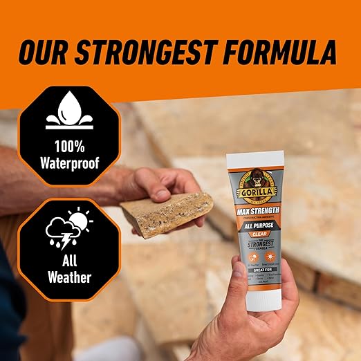 Gorilla Max Strength Construction Adhesive; Clear Glue; 7 Ounce Squeeze Tube (Pack of 1) - Gap Filling and Waterproof