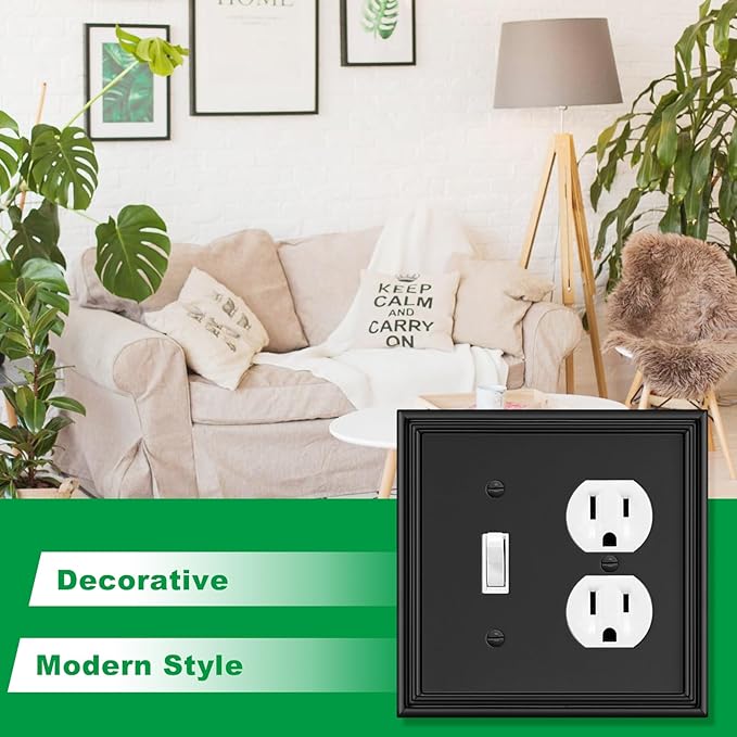 Black Modern Decorative Wall Plate Light Switch Cover Decorator Outlet Covers Rocker Switch Plates Bamboo Fiber Material Wall Plates for Kitchen Bathroom (2 Gang Toggle/Duplex-2 Pack)