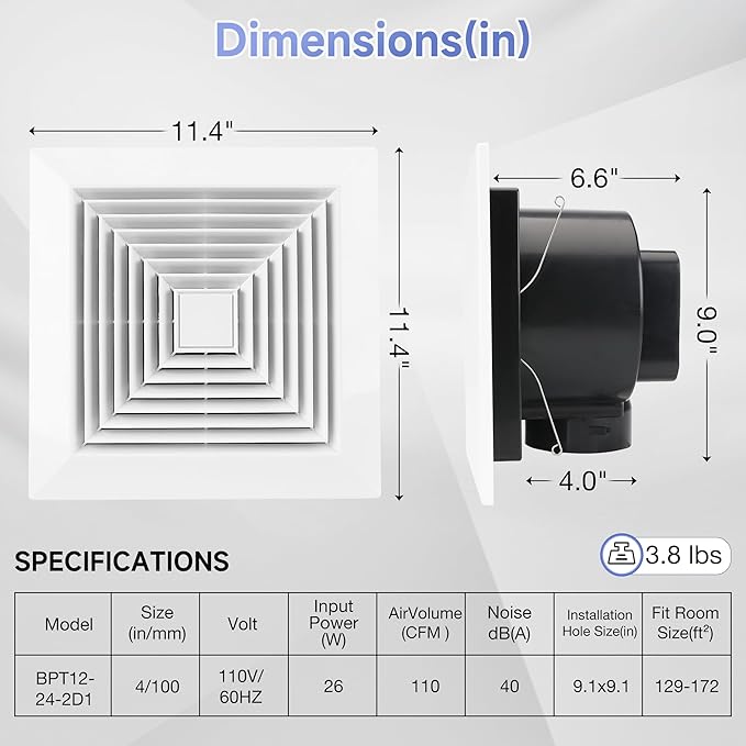 Fanspex Bathroom Ceiling Exhaust Fan, 11.4" Panel Household Bath Vent Ventilation Fan with 1.0 Sones Quiet Operation, 110 CFM