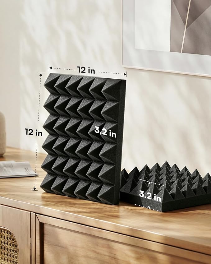SODOCT 24 Pack 3.2 Inches Extra Thick Pyramid Acoustic Foam Panels, 12 x 12 Inches High Density Soundproofing Foam for Walls, Professional Sound Absorbing Panels for Studio, Podcasting, Cinema