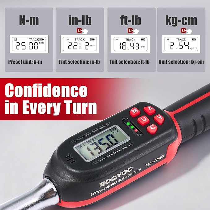 Adjustable Digital Torque Wrench for HVAC 5-100 ft.lb/6.8-135 N.m | Interchangeable Electronic Torque Wrench, 42 mm Open End and 1/2 inch Ratchet, 2% Accuracy, LED Buzzer Alert