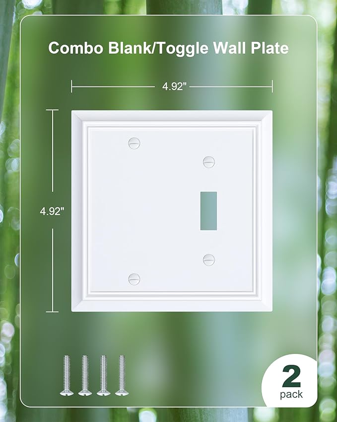 2-Pack Combo Blank/Toggle Light Switch Cover Plate, Pure White Modern Decorative Electrical Outlet Covers, Bamboo Fiber Wall Switch Plates and Outlet Covers