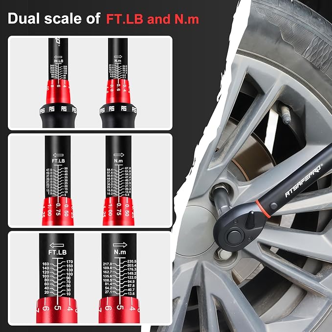 Torque Wrench Set,1/4 3/8 1/2-inch Drive Torque Wrench-20-240 in.lb,5-50 ft.lb,10-170 ft.lb,72-Tooth Dual Range Scales and Dual-Direction Adjustable Torque Wrench for Bike, Moto and Car Maintenance