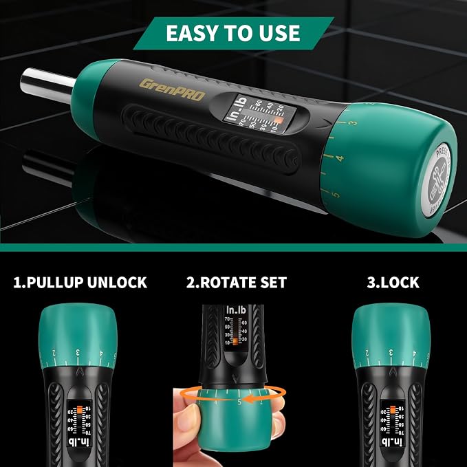 GRENPRO Scope Torque Wrench 15 Pcs Torque Screwdriver Set, 10-70 Inch Pound Torque Wrench, 1/4" Drive for Bicycle Repair, Gunsmithing, & Maintenance, Includes 12 S2 Steel Bits & 2 Tire Levers