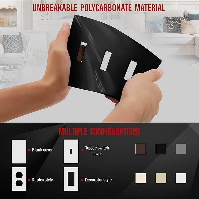 ENERLITES Screwless Triple Toggle Switch Wall Plate, Child Safe Light Switch Cover, Standard Size 3-Gang 4.68" x 6.53", Unbreakable Polycarbonate Thermoplastic, UL Listed, SI8813-BK, Glossy, Black