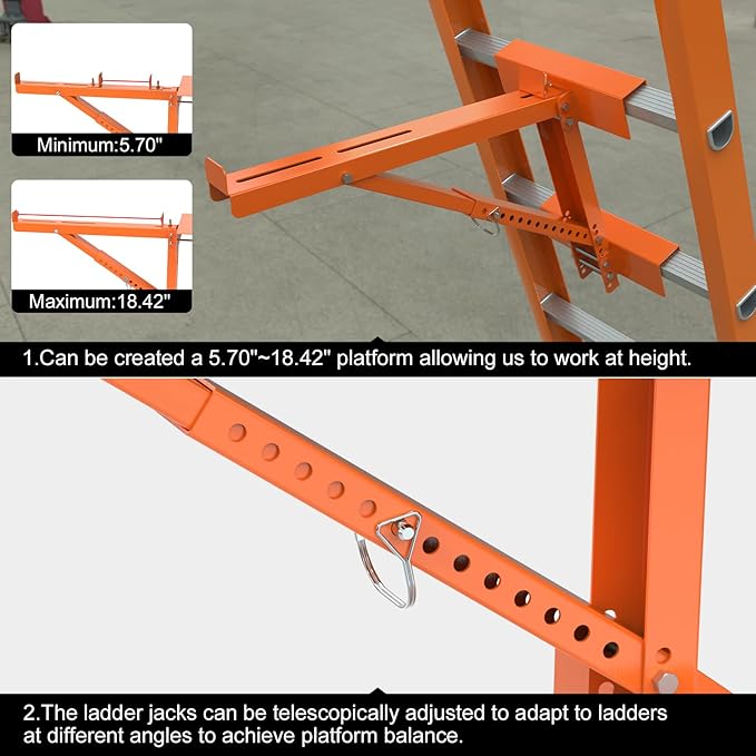 New Upgraded Adjustable Ladder Jacks 2 Pack for Scaffolding Platform, Two-Rung Short Body Extension Ladder Jack Scaffold Bracket, Orange Ladder Platform Accessories Ladder Jack Part for Working Stage