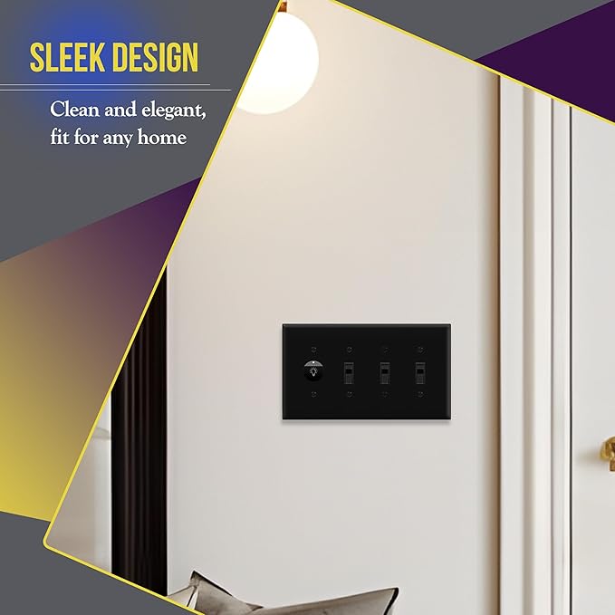 ENERLITES Quad Light Switch Wall Plate, Toggle Switch Plate, Gloss Finish, 4-Gang Mid-Size 4.88" x 8.58", Unbreakable Polycarbonate Thermoplastic, 8814M-BK, Black
