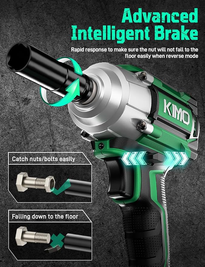 KIMO Impact Wrench 1/2 Cordless, Impact Gun for Car Tire, 20V Impact Driver | 550N.m (410ft-lbs), 4000RPM/3500IPM , 4 Sockets, 9-Piece Drill& Driver Set, Safety Lock, Variable Modes, 2 x 4000mAh Battery