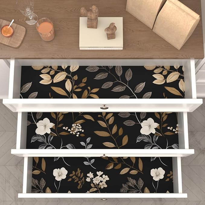 Floral Leaf Vintage Wallpaper Peel and Stick 17.5"x118", Black Gold | Self Adhesive/Removable/Waterproof/Thick Vinyl Contact Paper for Bathroom Bedroom Shelf Cabinet Drawer,Prepasted,Easy Peel