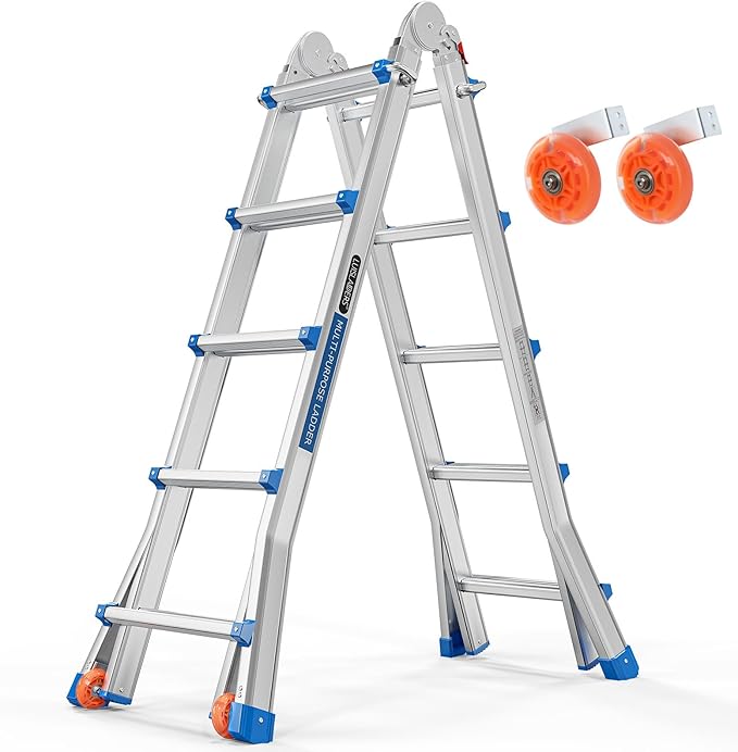 LUISLADDERS A Frame Step Ladder Telescoping Ladder, 19 ft Multi Position Folding Ladder with Flared Leg & Wheels Design, 330 lbs Capacity Extension Ladder for Household Outdoor Work, Aluminum, 19 FT