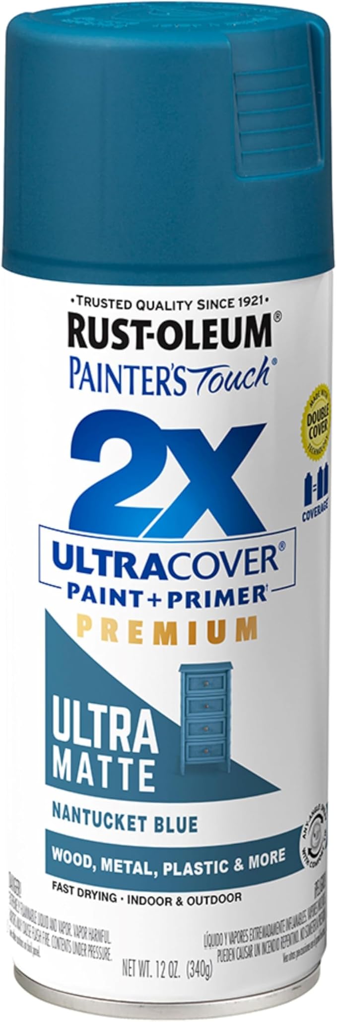 Rust-Oleum 331188 Painter's Touch 2X Ultra Cover Spray Paint, 12 oz, Ultra Matte Nantucket Blue