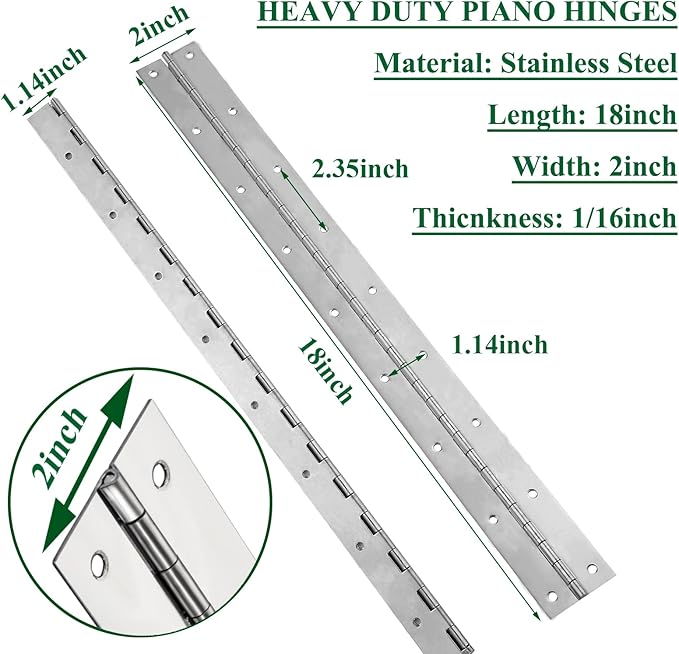 2Pack Heavy Duty Piano Hinge, 2" Open Width x 18" Continuous & Piano Hinges, 0.06” Thick Stainless Steel Piano Hinge with Holes, Polished Stainless Furniture Hinges for Cabinet Door Cases Woodworking