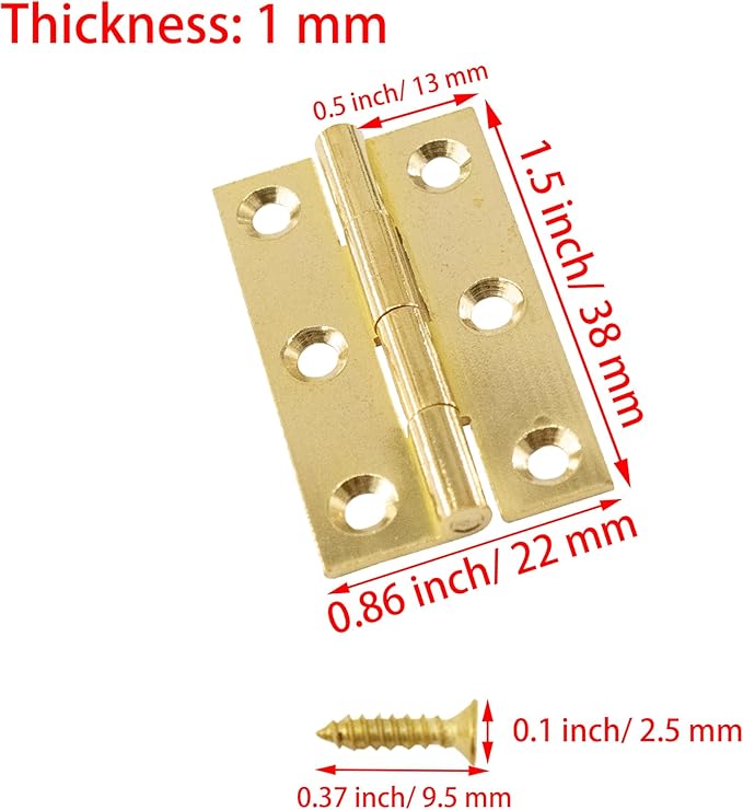 6Pcs 1.5 Inch Butt Hinges, Gold, Classic Style, Brass, Polished