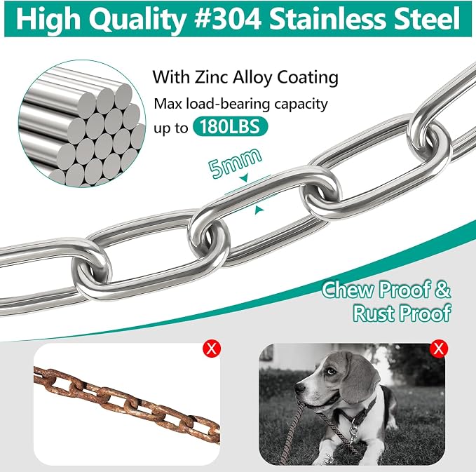 Tresbro Heavy Duty Dog Chains for Outside, 15FT Stainless Steel Tie Out Cable with Swivel Hook for Small Medium Dogs, Metal Chew Proof Pet Runner Chain Leash Lead for Outdoor Camping Hiking Yard, 5MM