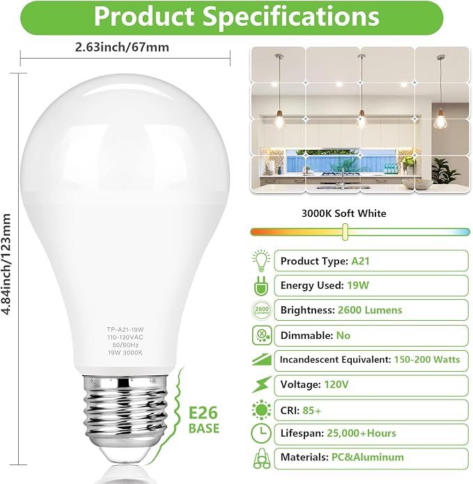 MAXvolador A21 LED Light Bulbs, 150 Watt Equivalent, Soft White 3000K, 2600LM, E26 Base, Non-Dimmable, 19W Light Bulbs, Pack of 6