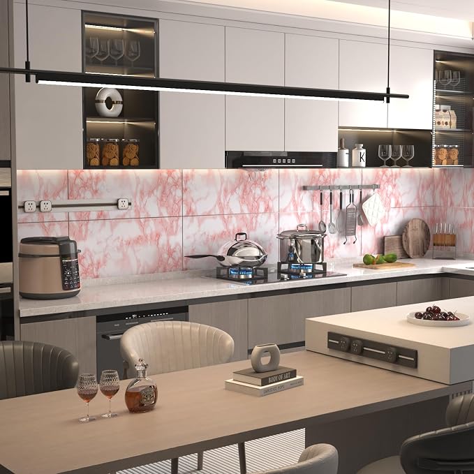 BAYYA Extra Wide Marble Contact Paper Granite Peel and Stick Wallpaper Pink Glossy 48x197 inch Countertop Contact Paper for Kitchen Bathroom Self-Adhesive Waterproof Decorative Film Marble Vinyl Wrap
