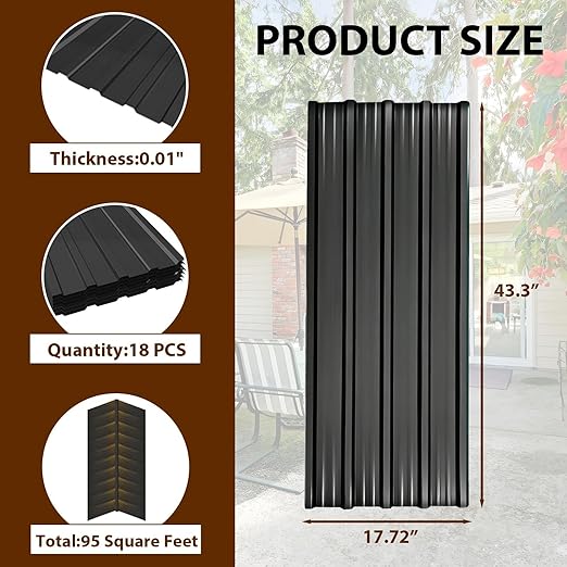 18 Pcs Metal Roofing Panels, L43.3×W17.72 Inch Corrugated Galvanized Roofing Panels Metal Siding Panels with Steel Screws for Pergola, Gazebo, Shed, Outdoor Storage, Chicken Coop, Patio,Garages