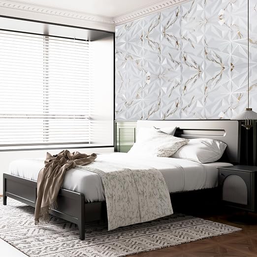 33 Pack 3D Wall Panel Diamond for Interior Wall Décor, PVC Textured Wall Panels, 12''x12'' Cover 32.Sq.Ft. Gold Veined White | PVC Accent Wall Panels for Interior Wall Decor, Living Room Lobby Bedroom Hotel Office