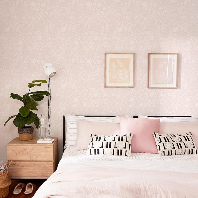 Guvana Pink and White Peel and Stick Wallpaper Floral Wallpaper Slef Adhesive Removable Waterproof Contact Paper Boho Wall Paper for Living Room Bedroom Stair Kitchen Bathroom 17.3''x394''
