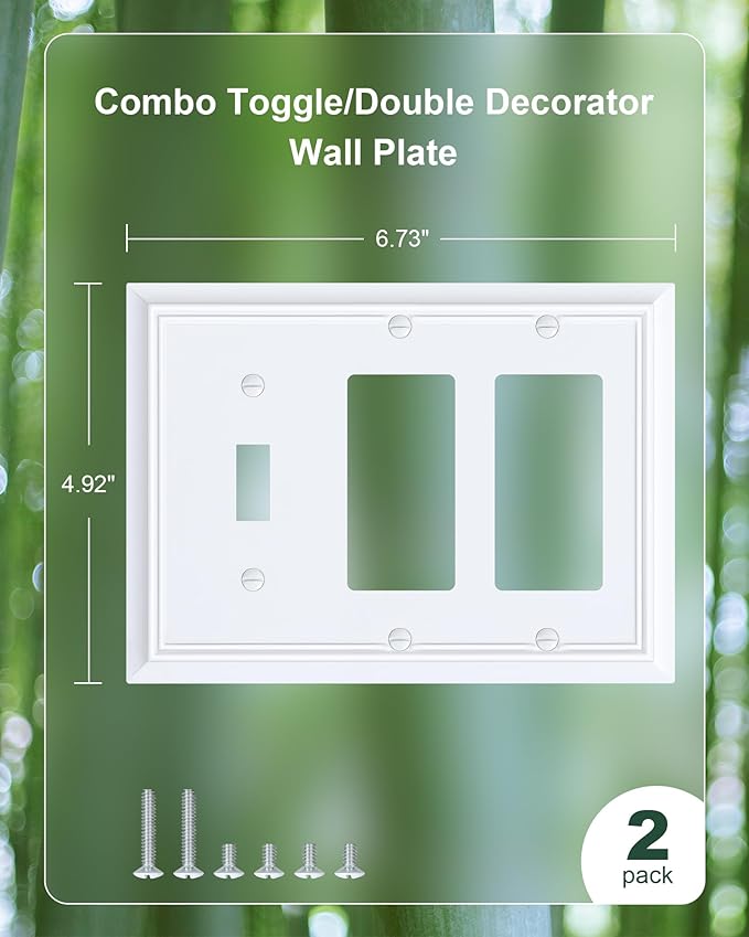 2-Pack Combo Toggle/Double Decorator Outlet Cover Plate, Pure White Decorative Switch Plates and Outlet Covers, Durable Natural Bamboo Fiber Wall Plates for Electrical Outlets, Receptacle, GFCI Outlet