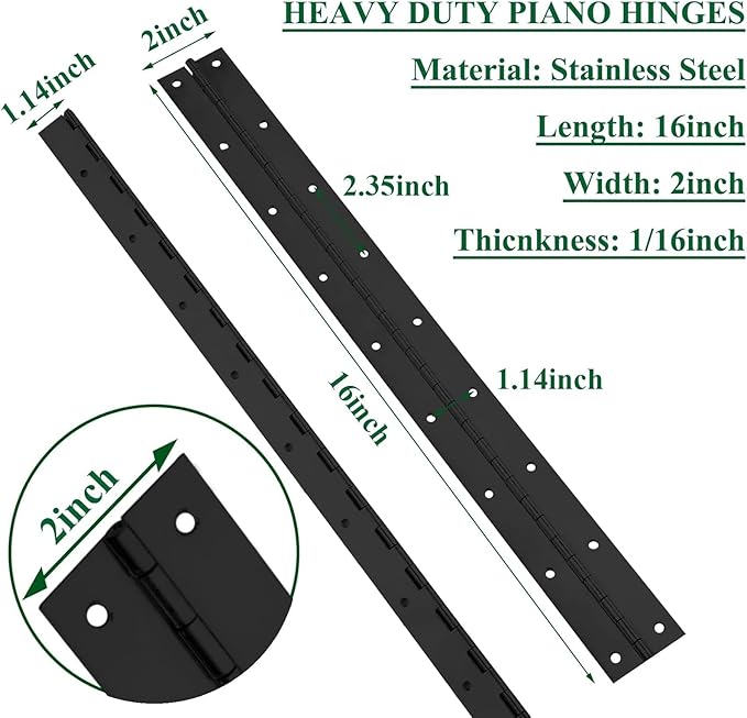4Pack Heavy Duty Piano Hinge, 2" Open Width x 16" Continuous Hinges, 0.06" Thick Stainless Steel with Holes, Black Furniture Hinges for Cabinet Door Cases Woodworking