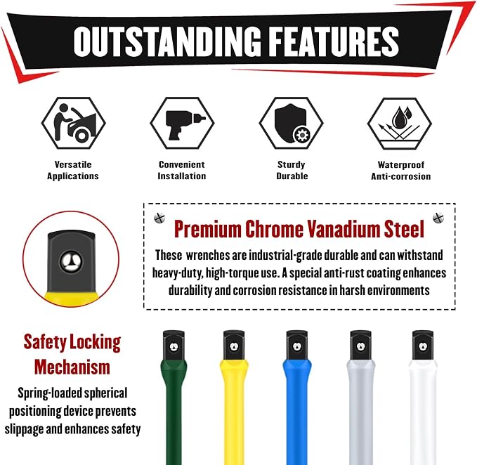 YIYITOOLS 5Pcs 1/2" Drive Torque Limiting Extension Bar Set, 8" Long Torque Sticks (65-140 Ft-lbs), Impact Socket Extensions with Storage Case, Color-Coded, for Lug Nuts, Tire Repair
