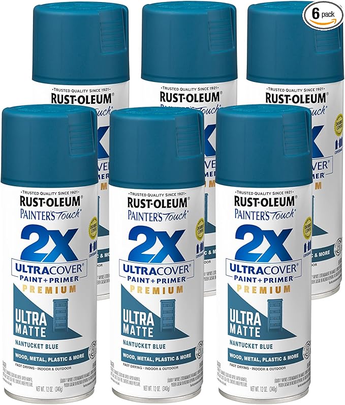 Rust-Oleum 331188-6PK Painter's Touch 2X Ultra Cover Spray Paint, 12 oz, Ultra Matte Nantucket Blue, 6 Pack